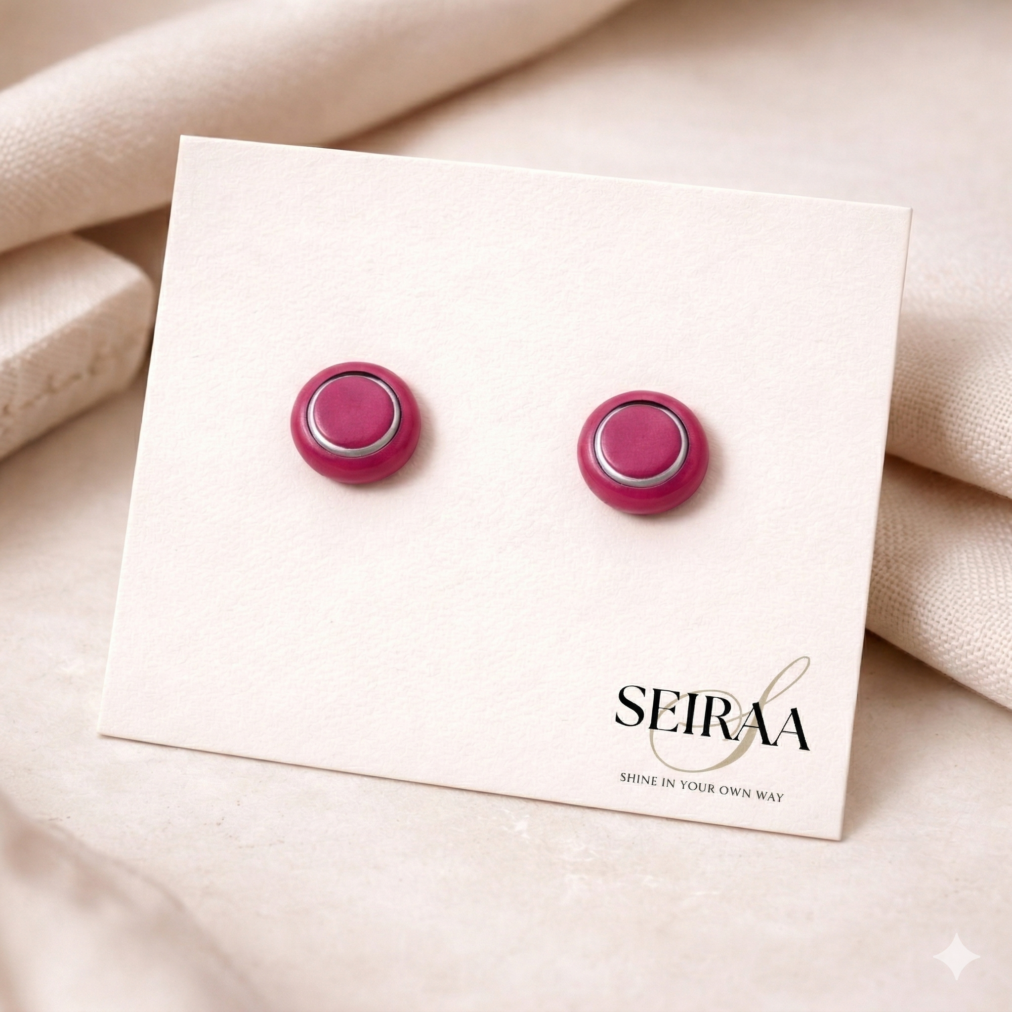 Ivory Dark Pink Circle Stud Earrings