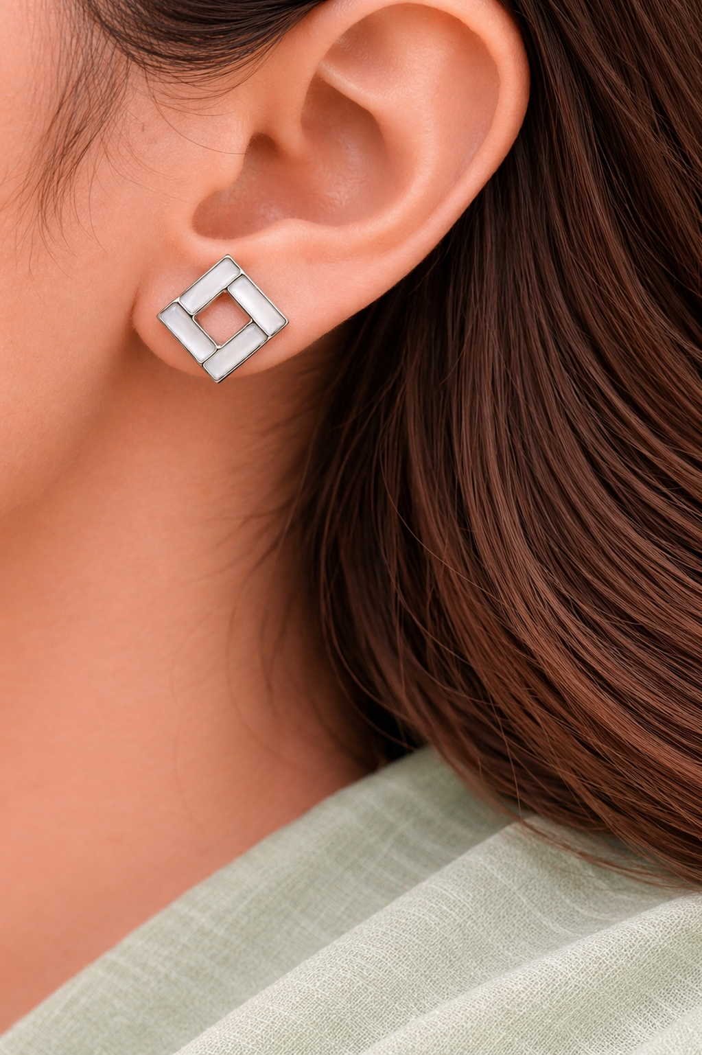 White Enamel Open Square Stud Earrings