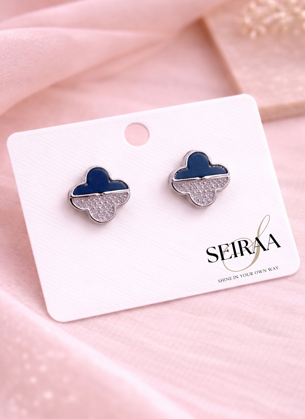 Navy Blue Clover Stud Earrings