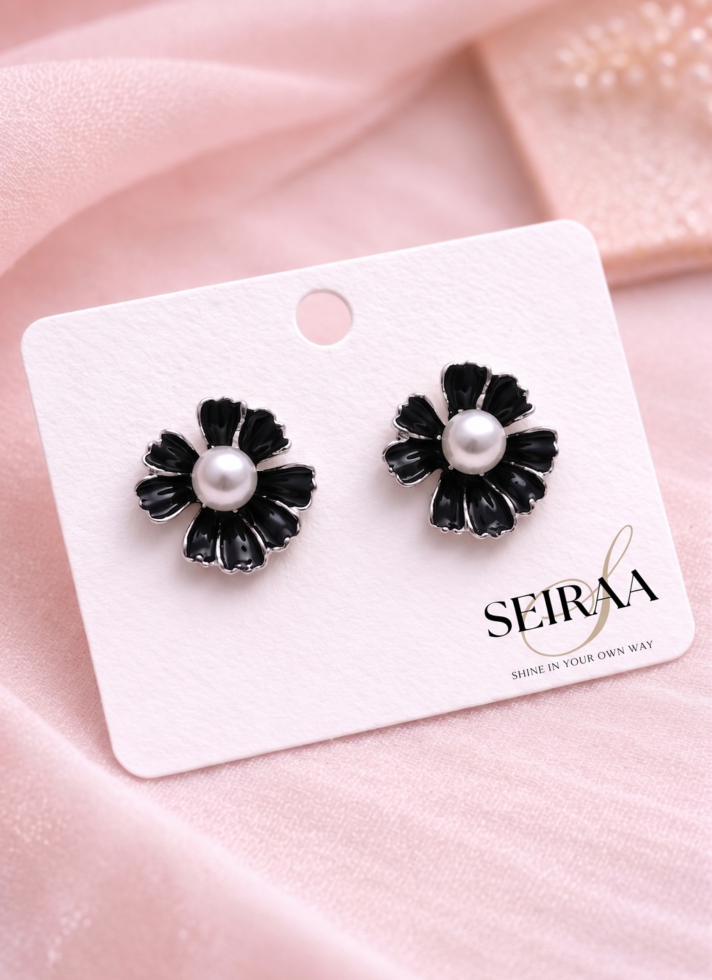 Black Bloom Pearl Centre Stud Earrings