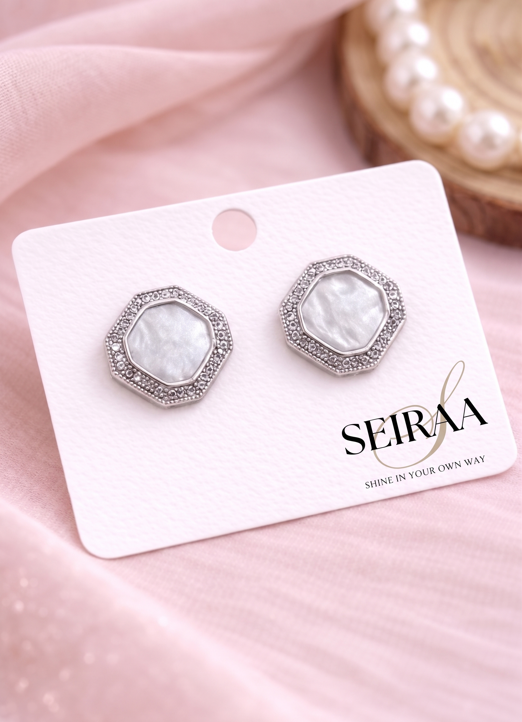 Mother of Pearl Octagon Pave Stud Earrings
