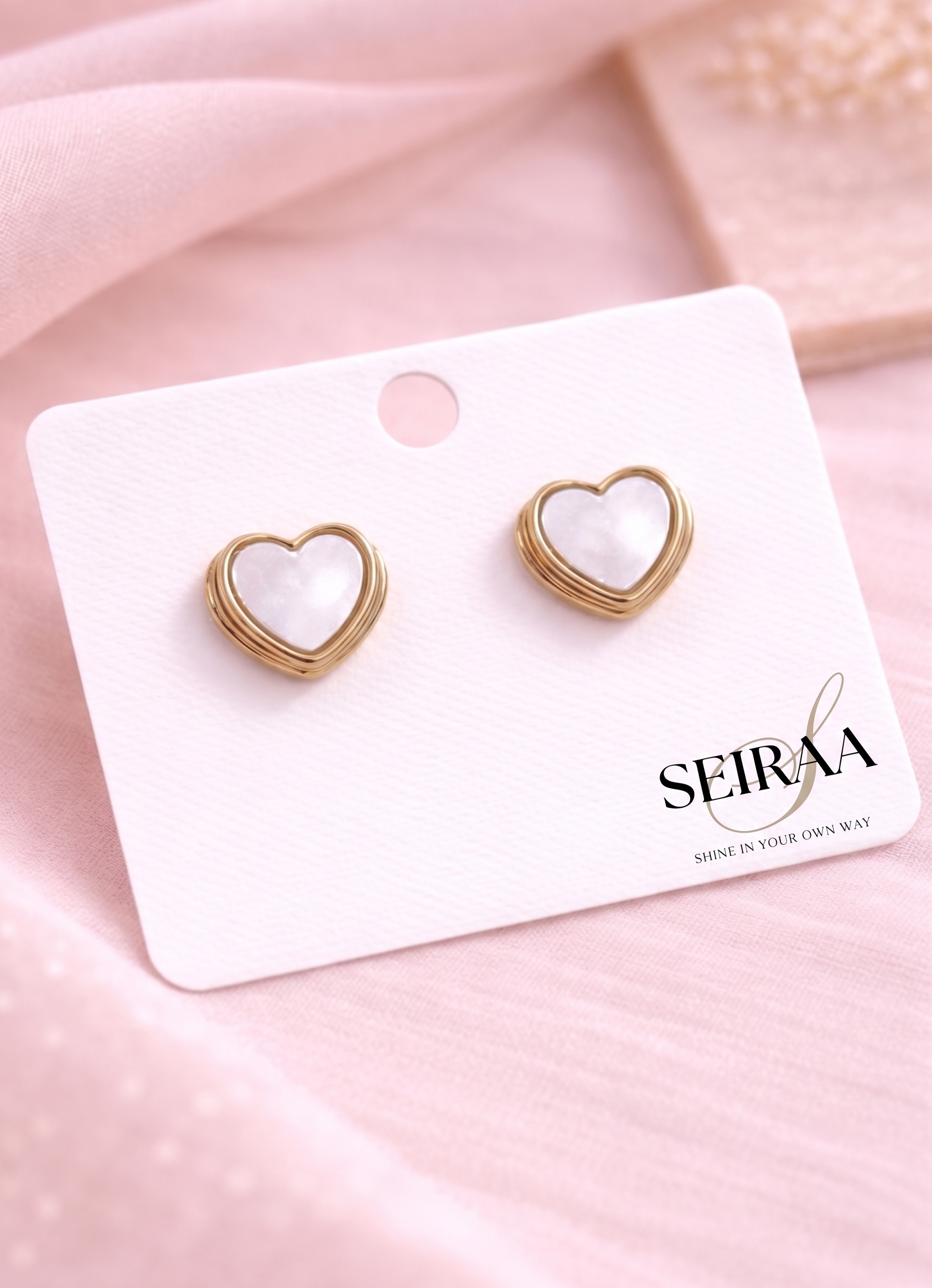 Mother of Pearl Heart Gold Stud Earrings