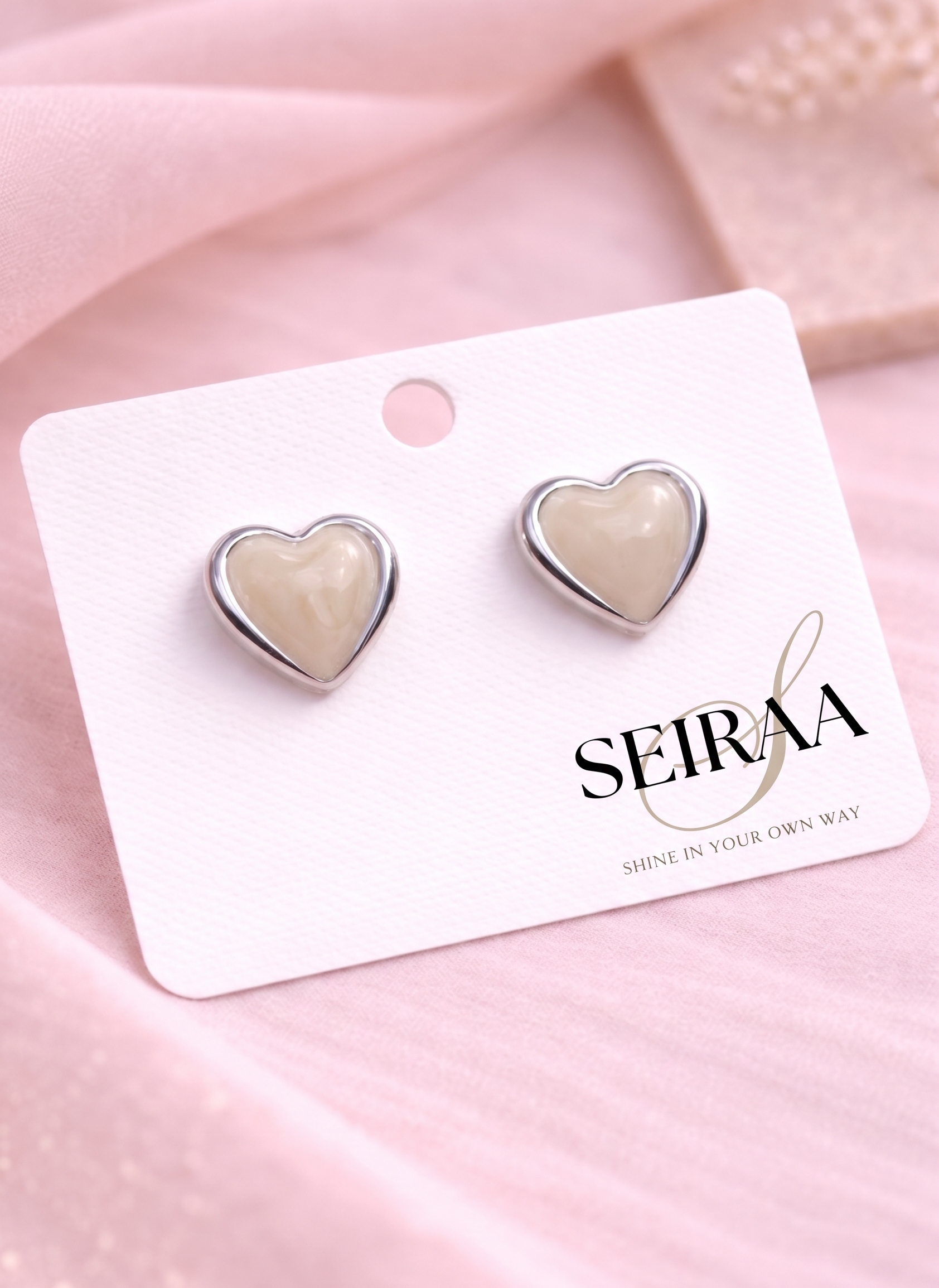 Ivory Enamel Heart Silver Stud Earrings