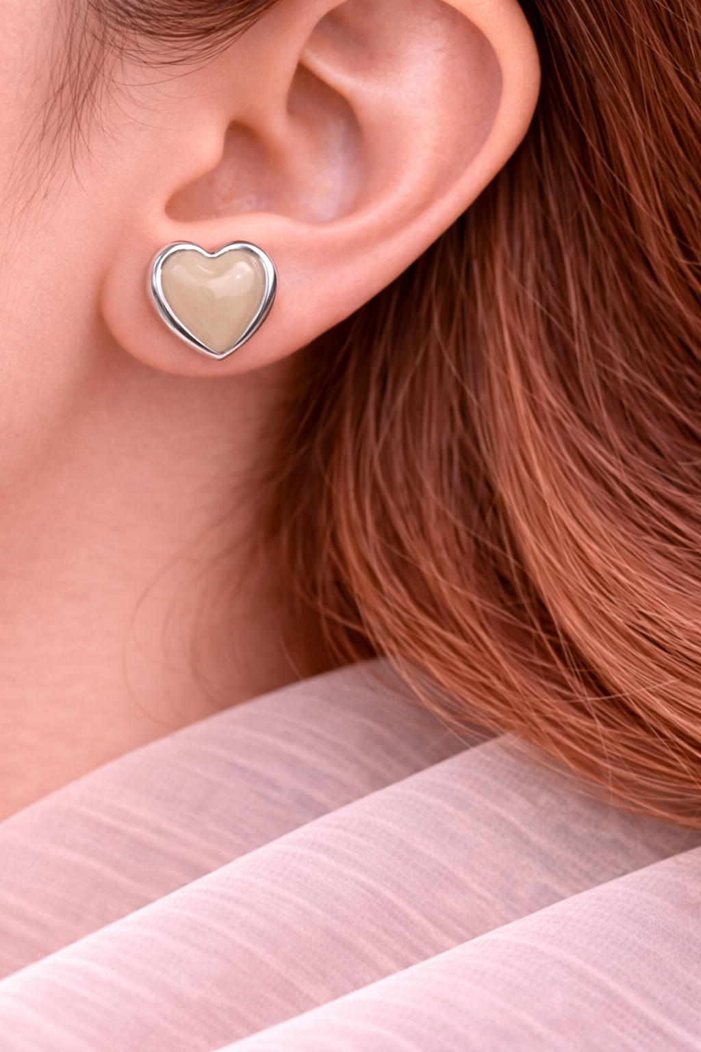 Ivory Enamel Heart Silver Stud Earrings