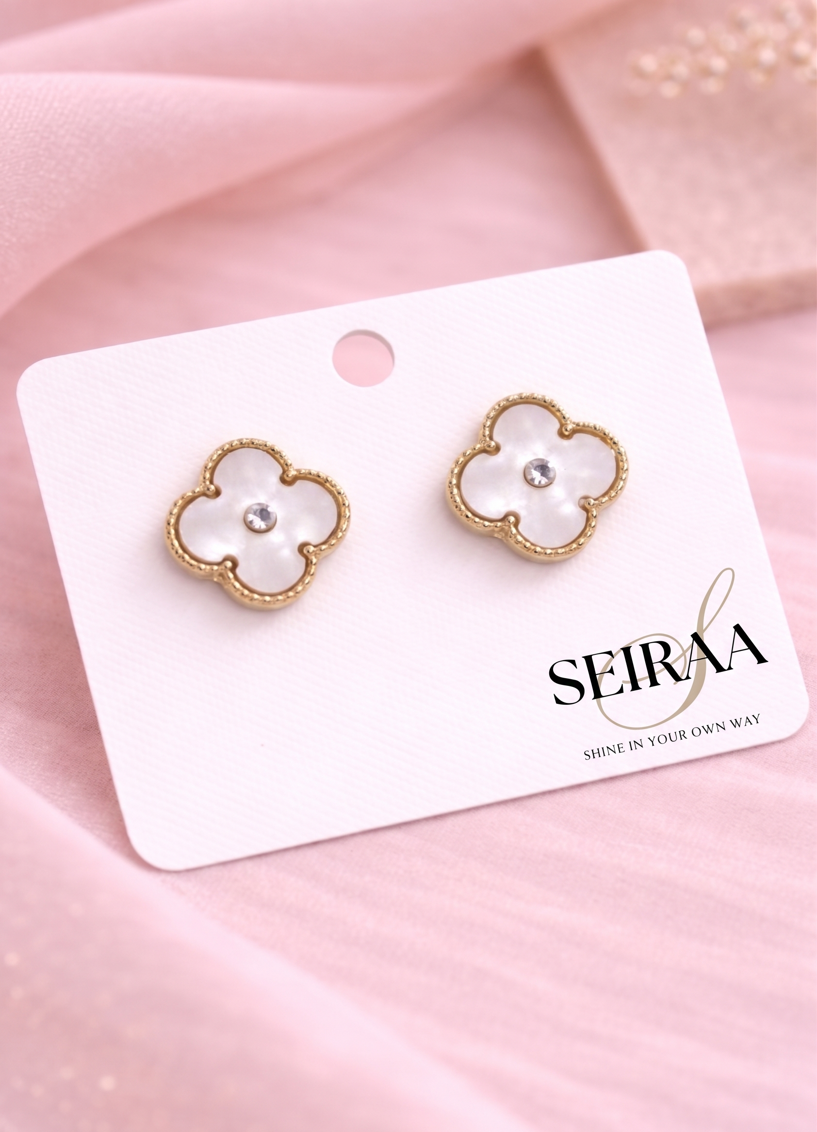 Mother of Pearl Clover Gold Stud Earrings