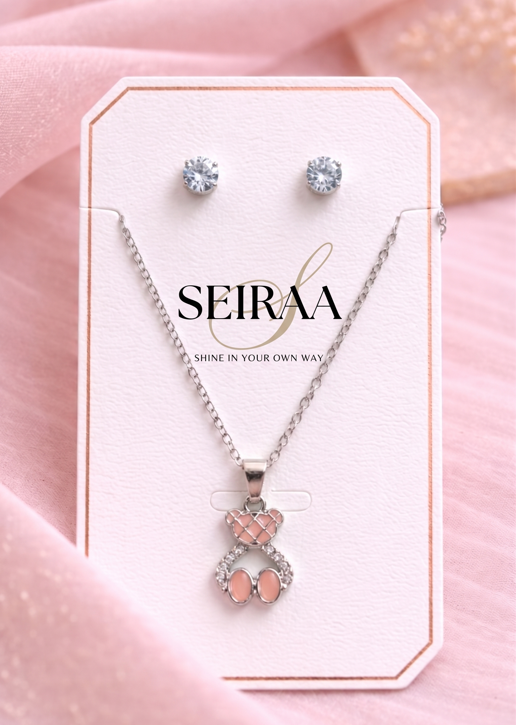 Pink Teddy Bear Pendant Necklace & Stud Earrings Set