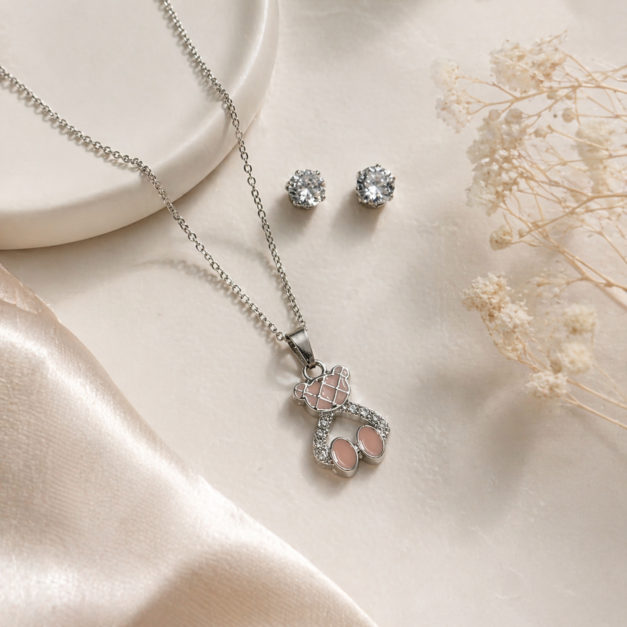 Pink Teddy Bear Pendant Necklace & Stud Earrings Set