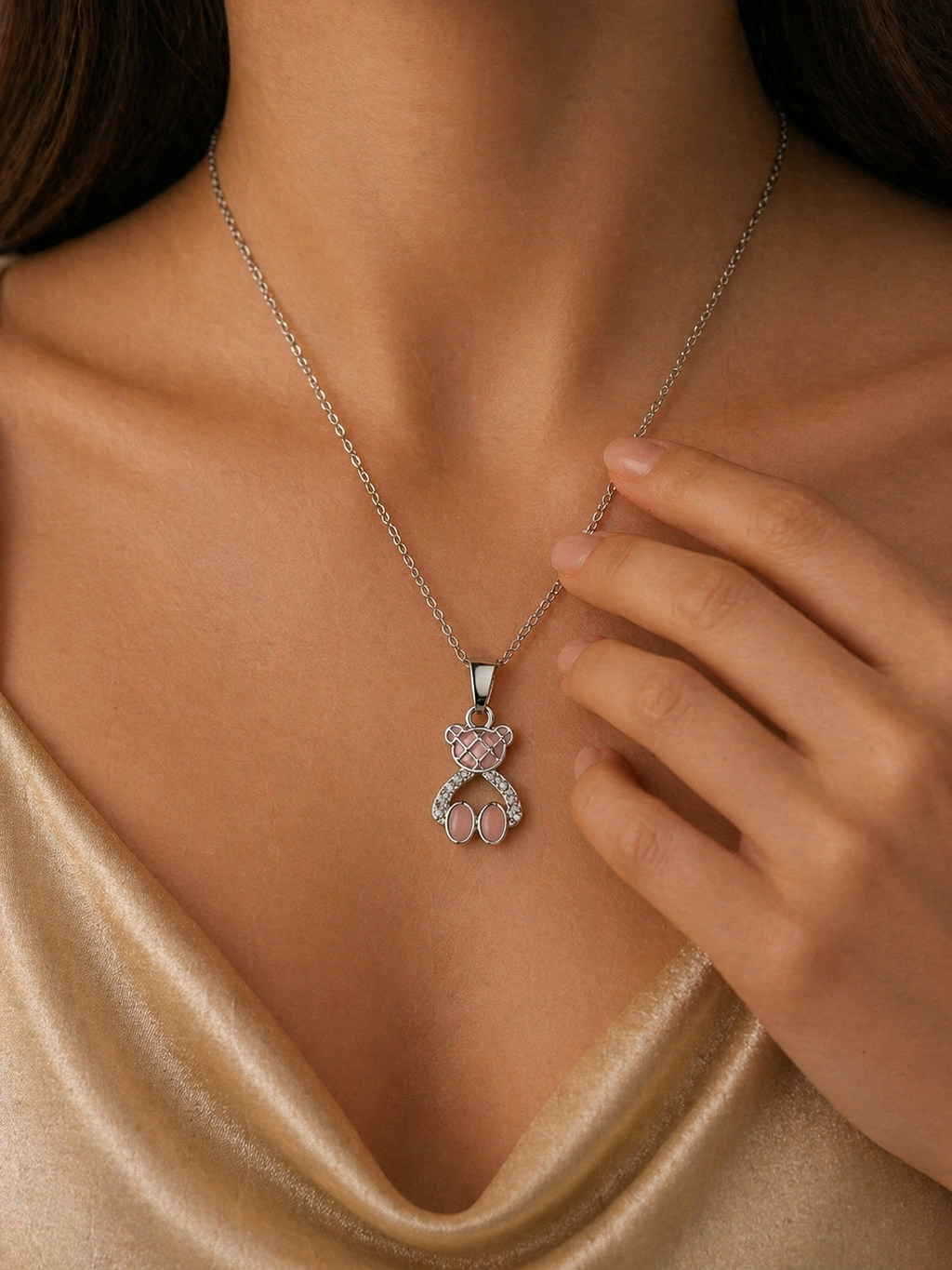 Pink Teddy Bear Pendant Necklace & Stud Earrings Set