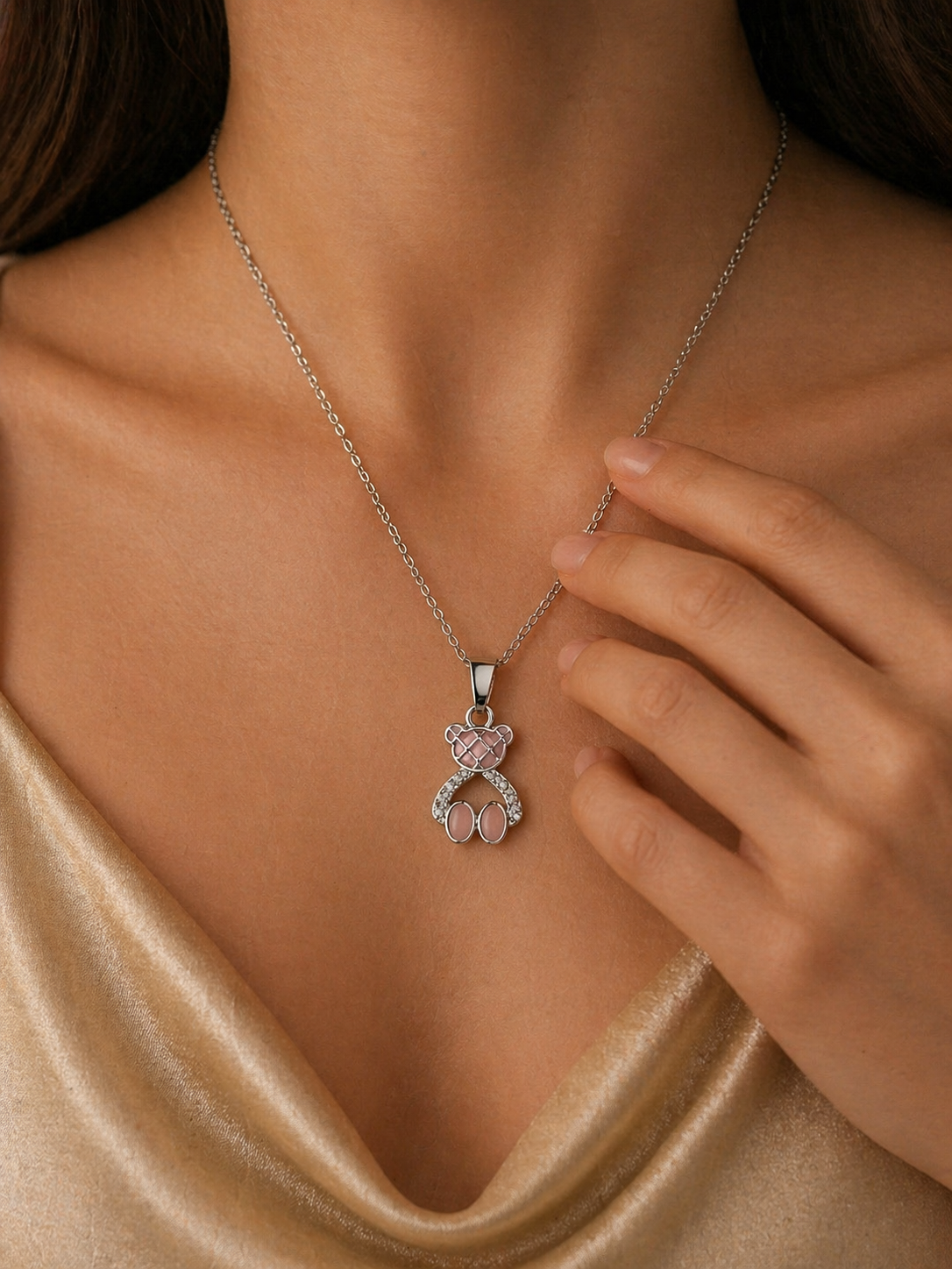 Pink Teddy Bear Pendant Necklace & Stud Earrings Set