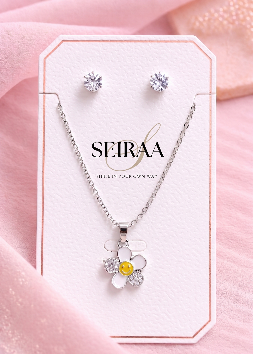 Smiley Daisy Pendant Necklace & Stud Earrings Set
