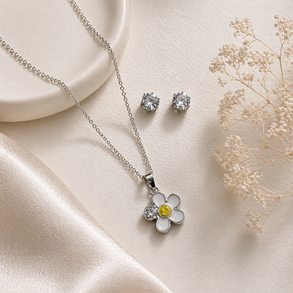 Smiley Daisy Pendant Necklace & Stud Earrings Set