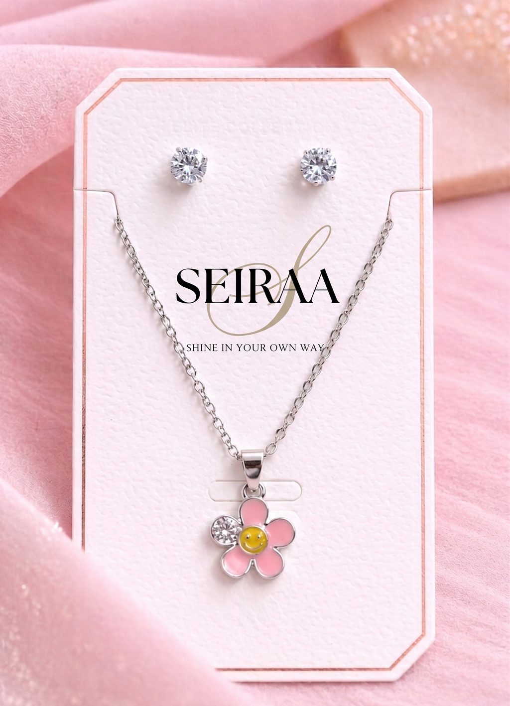 Pink Smiley Daisy Pendant Necklace & Stud Earrings Set
