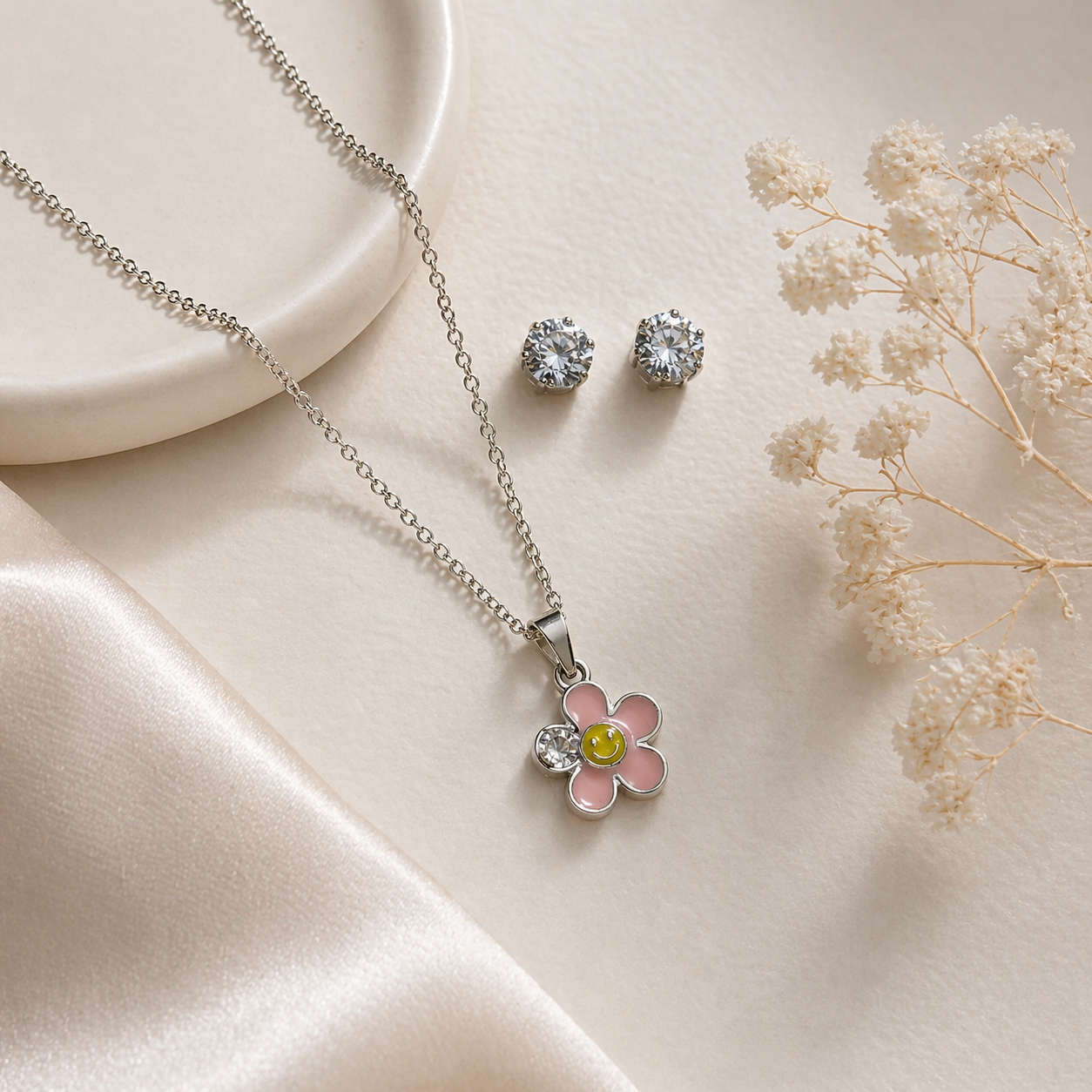 Pink Smiley Daisy Pendant Necklace & Stud Earrings Set