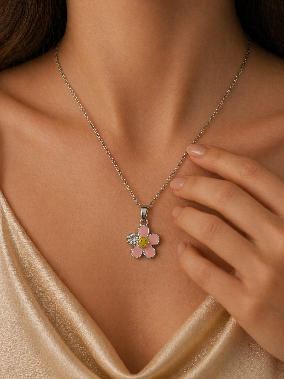 Pink Smiley Daisy Pendant Necklace & Stud Earrings Set