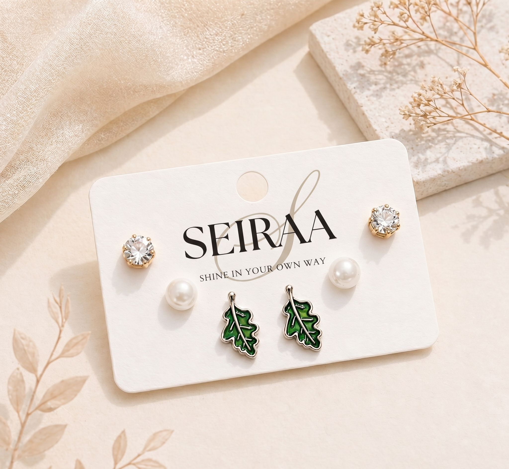 Green Leaf Enamel Stud Earrings Combo