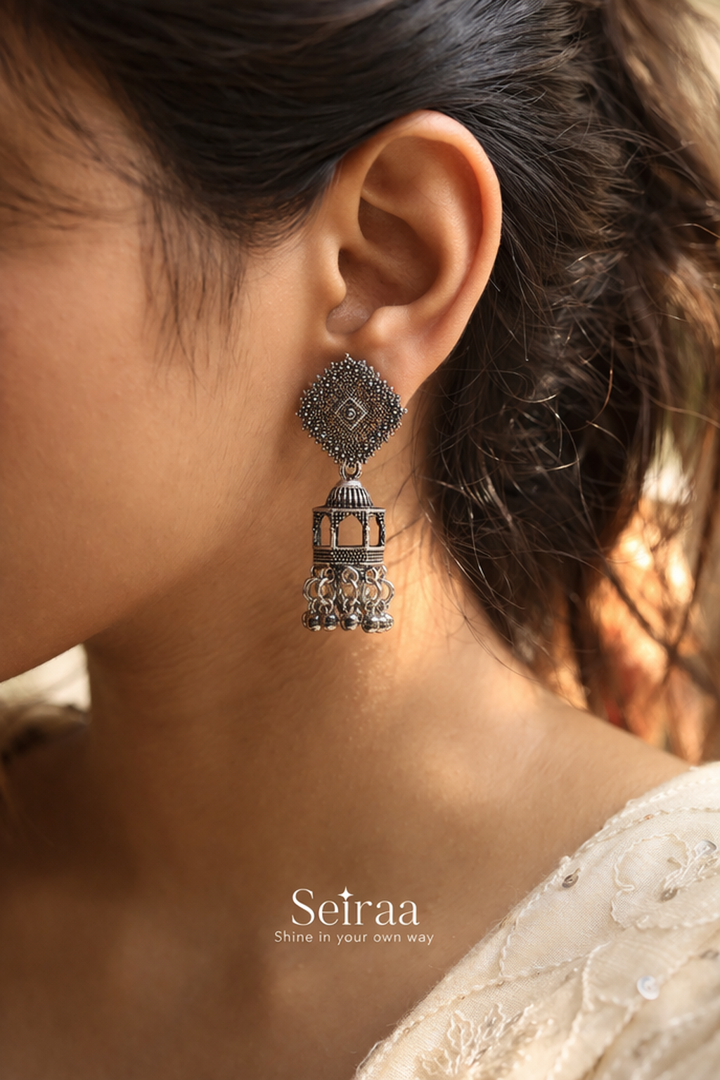Oxidised Temple Jhumka Earrings