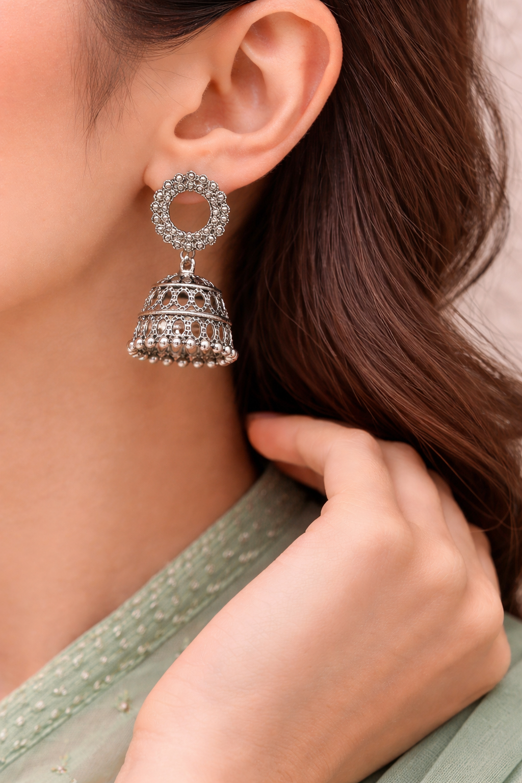Oxidised Silver Filigree Dome Jhumka Earrings