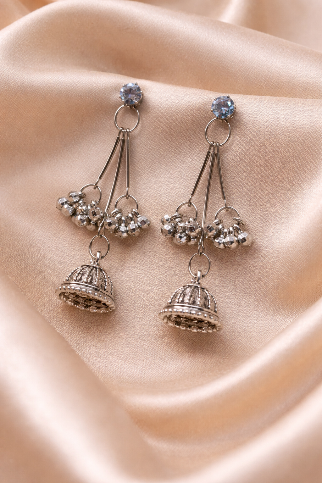 Silver Crystal Stud Chandelier Jhumka Earrings