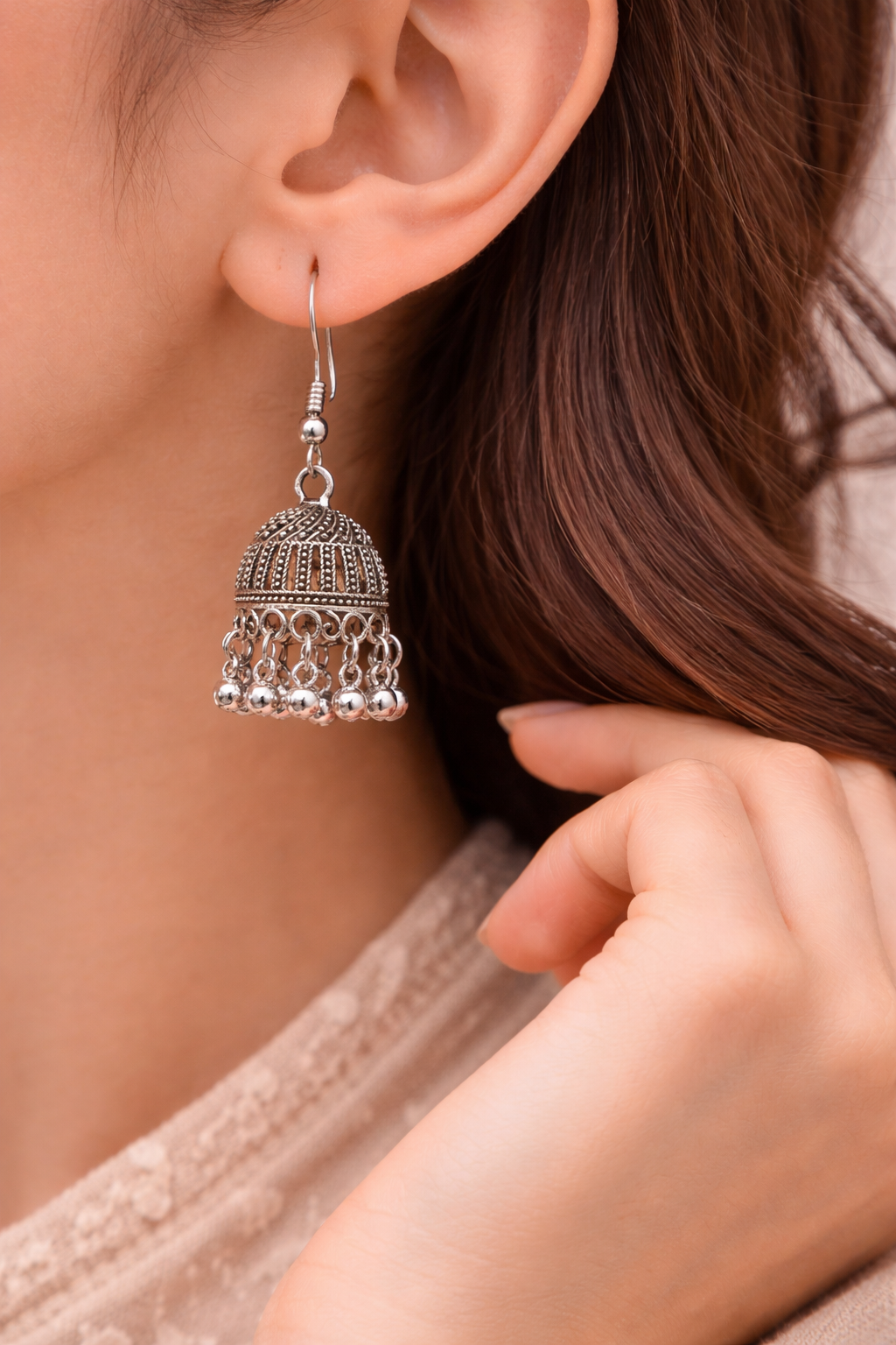 Oxidised Silver Hook Jhumka Earrings with Ghungroo