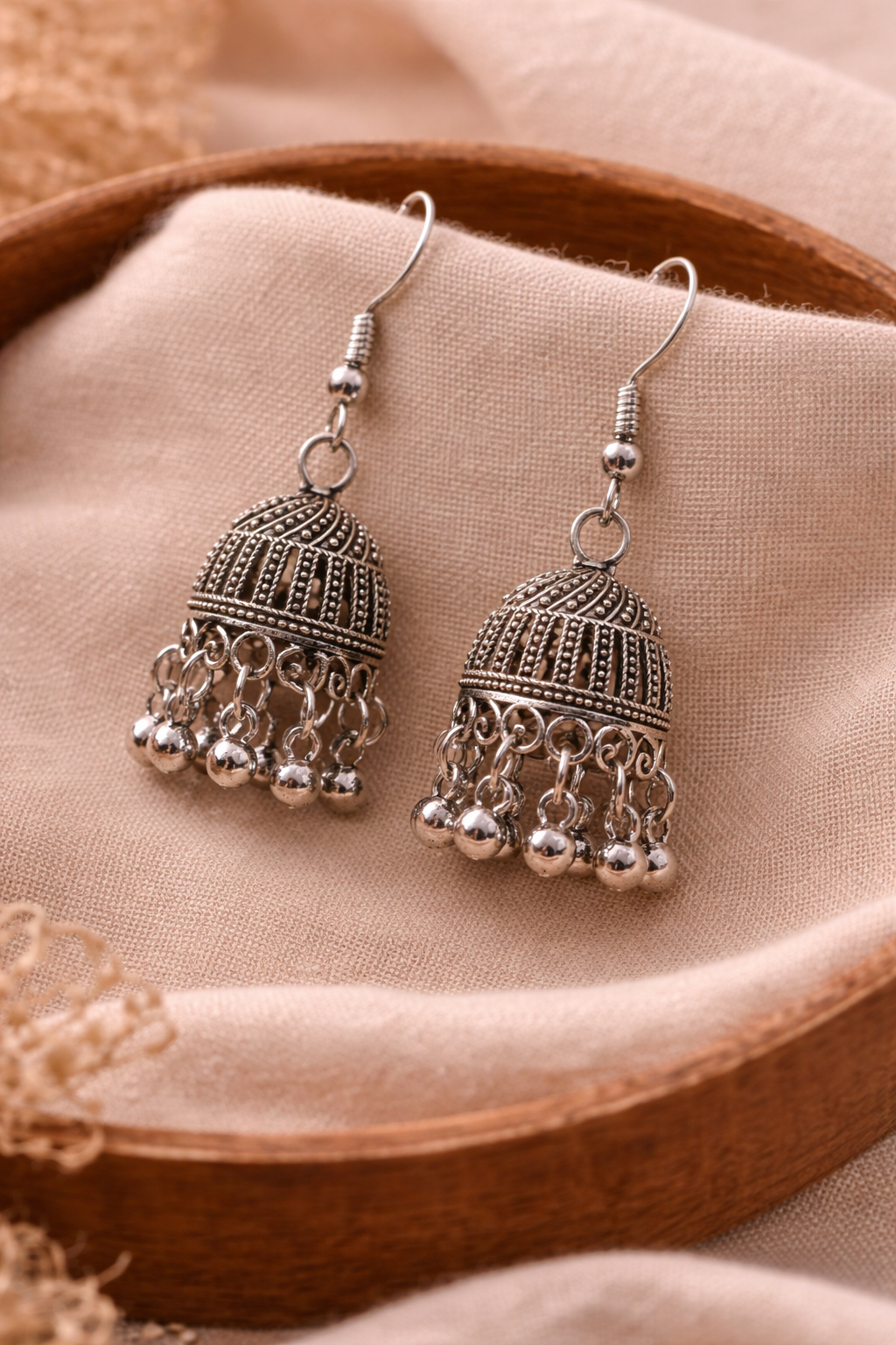 Oxidised Silver Hook Jhumka Earrings with Ghungroo