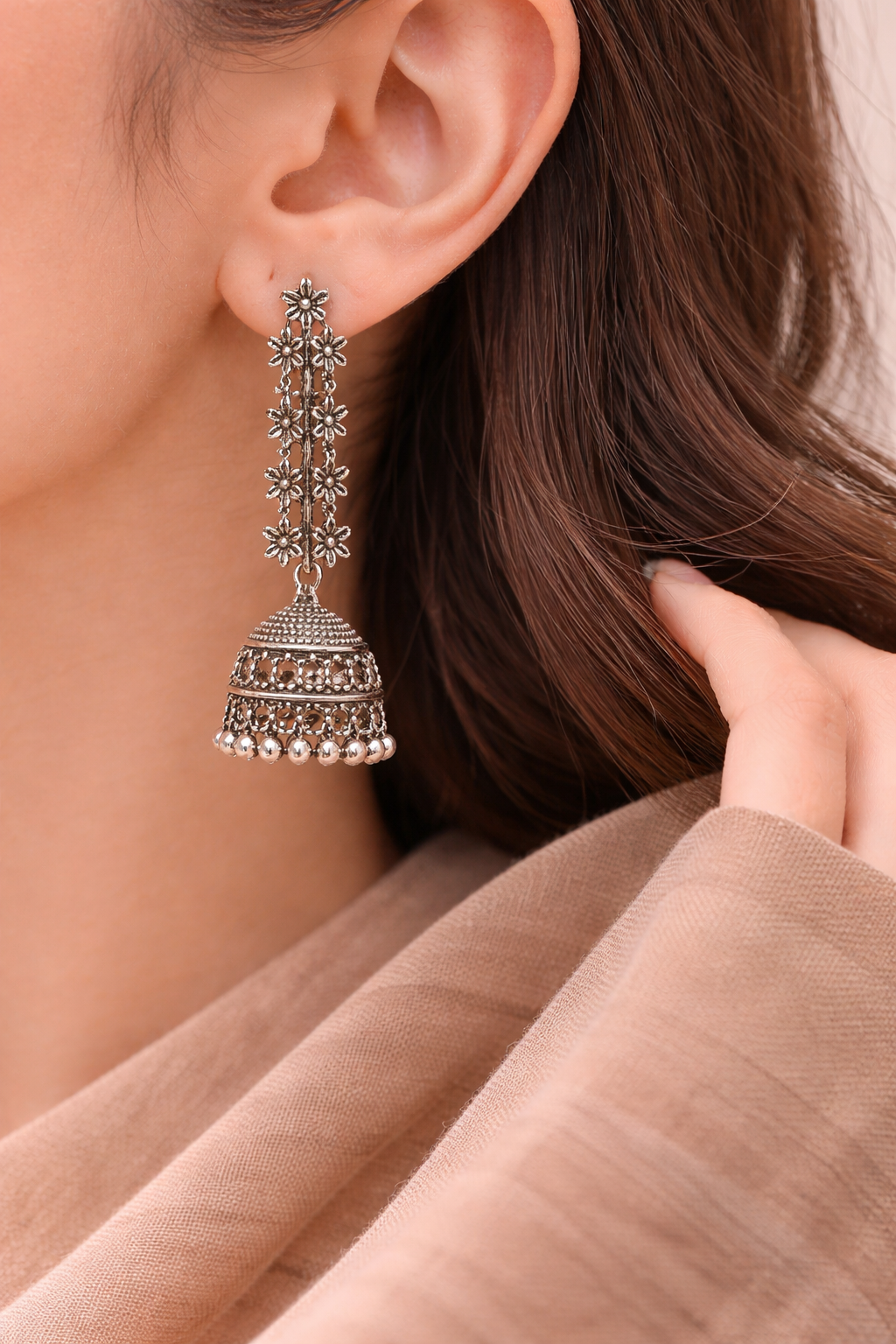 Oxidised Silver Floral Bar Jhumka Earrings