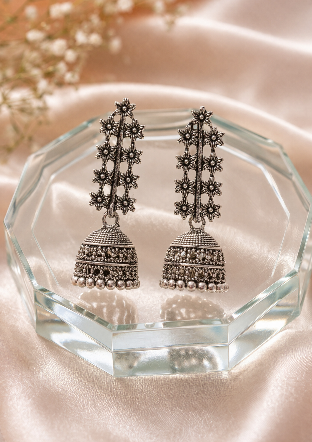 Oxidised Silver Floral Bar Jhumka Earrings