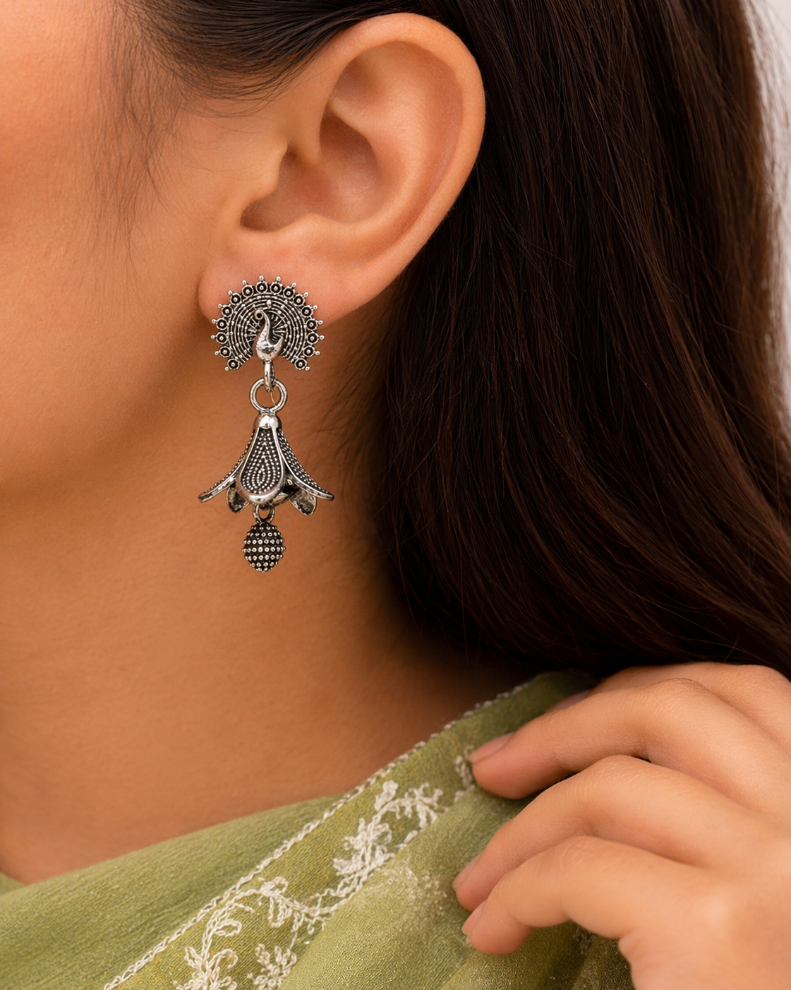 Oxidised Peacock Drop Earrings