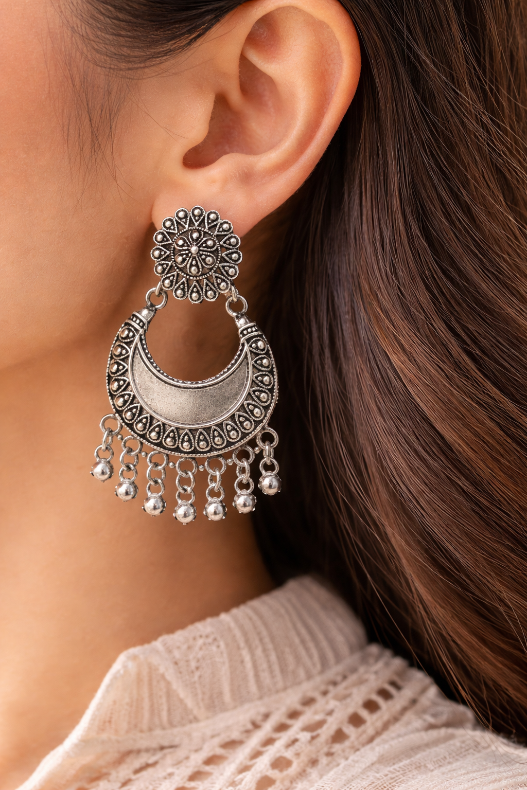 Oxidised Chandbali Earrings