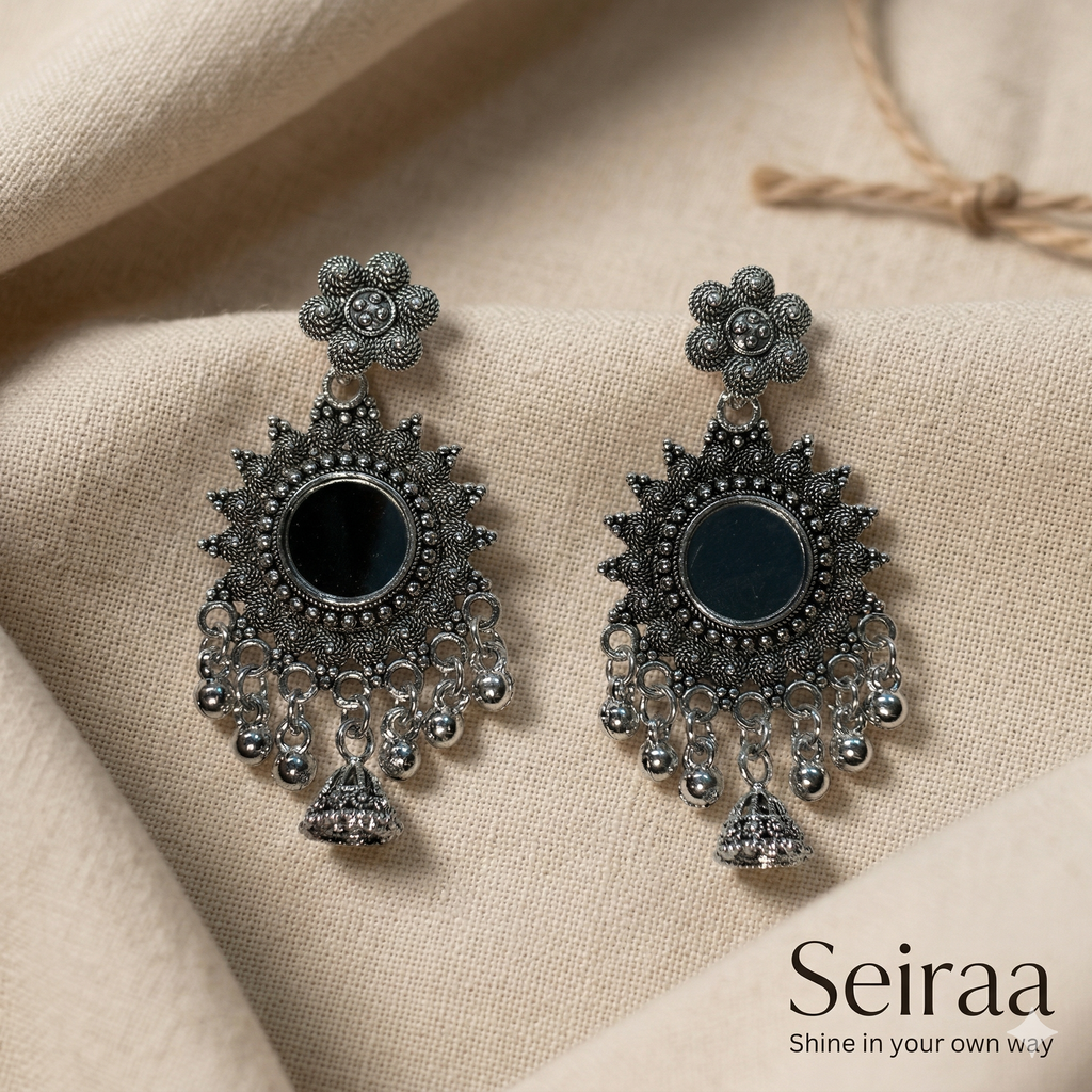 Oxidised Mirror Jhumka Earrings