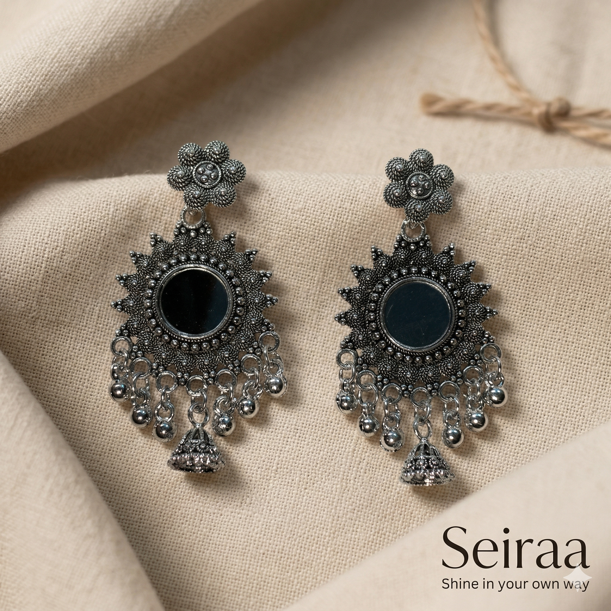 Oxidised Mirror Jhumka Earrings