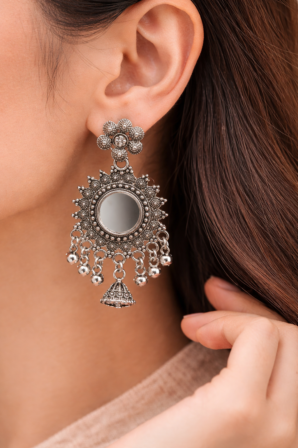Oxidised Mirror Jhumka Earrings