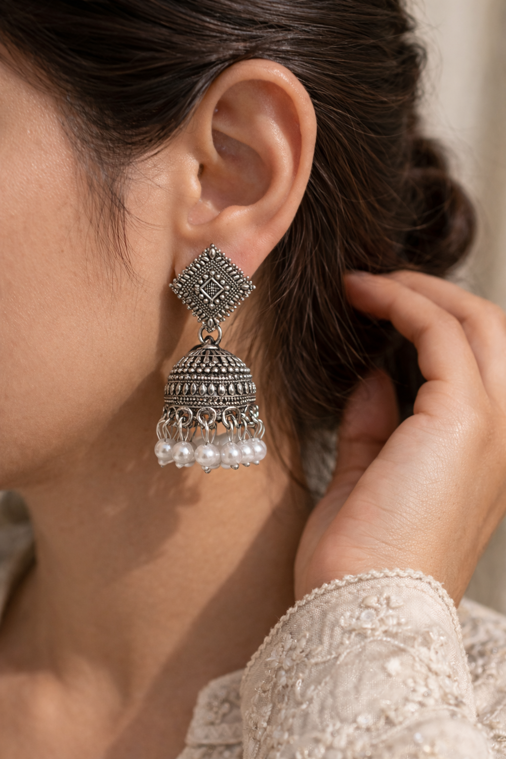 Oxidised Pearl Jhumka Earrings