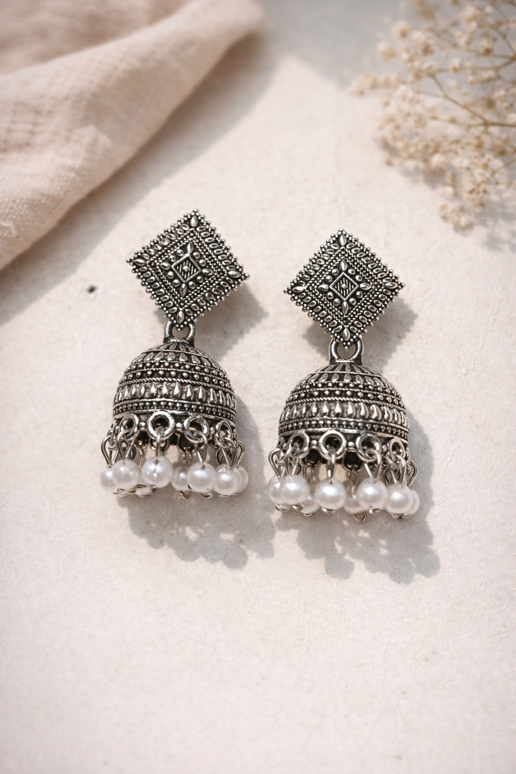 Oxidised Pearl Jhumka Earrings