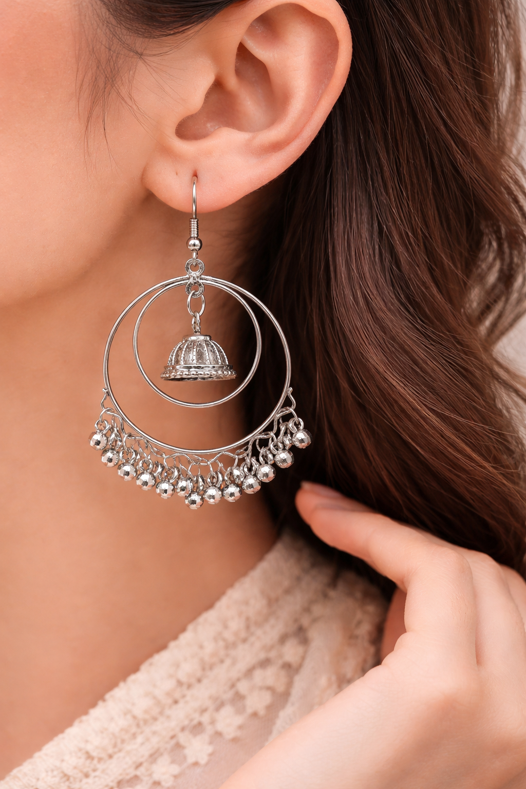 Silver Double Hoop Jhumka Earrings