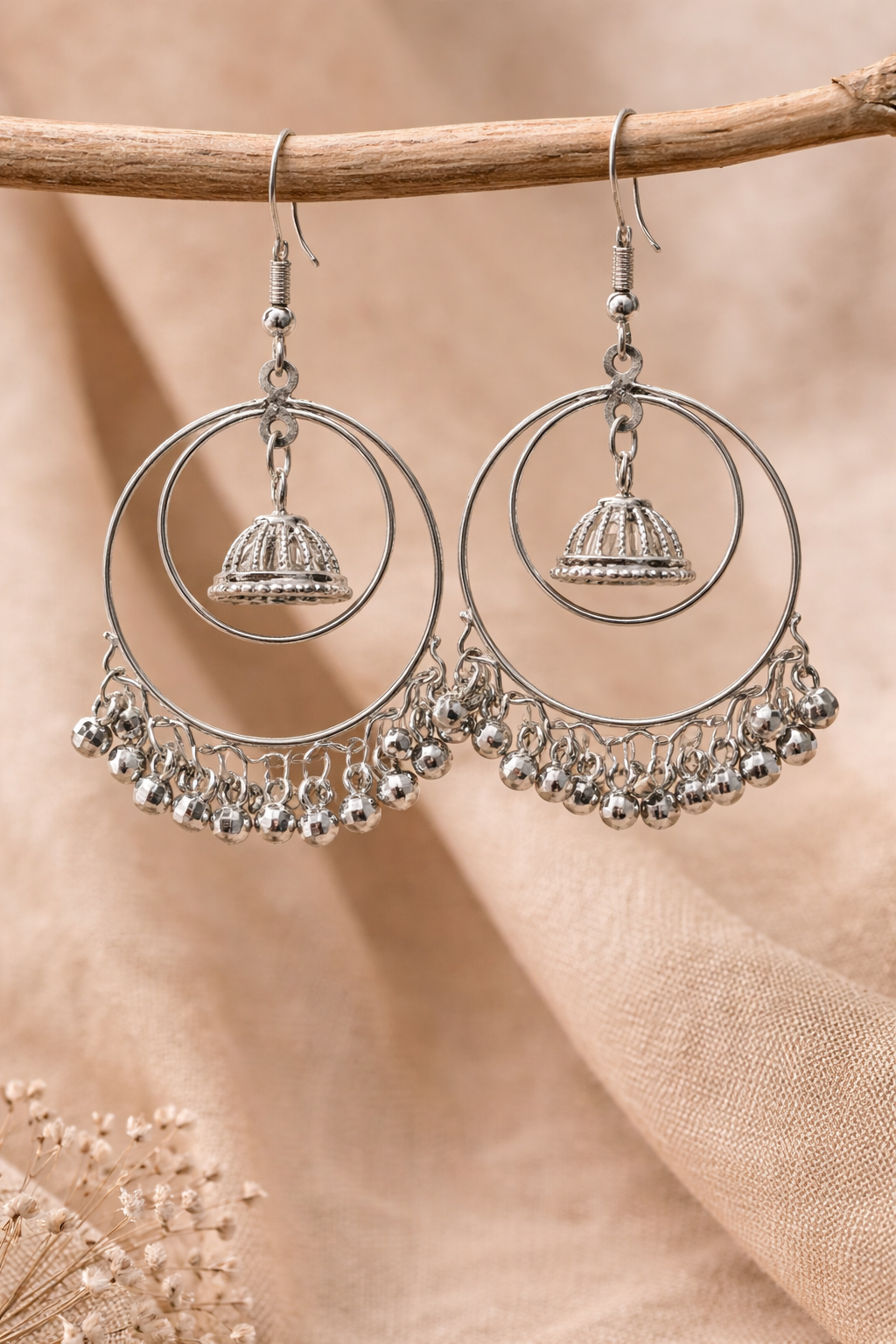 Silver Double Hoop Jhumka Earrings